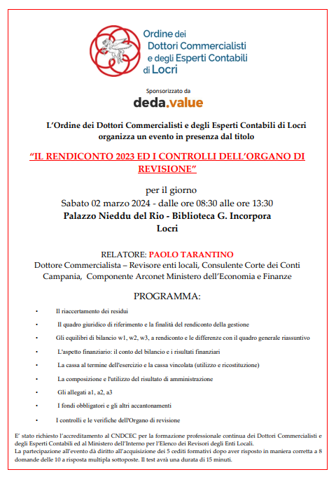 Locandina incontro formativo organizzato dall’Ordine dei Dottori Commercialisti e degli Esperti Contabili di Locri