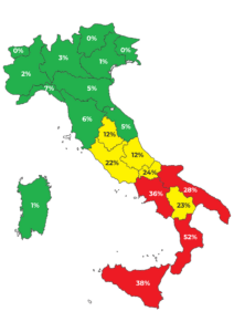 Concentrazione dissesti e predissesti per regione - % di comuni per regione che hanno attivato almeno una procedura di dissesto o predissesto